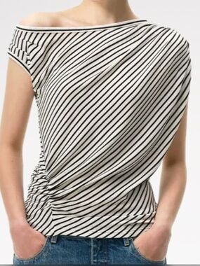 Willow & Root Asymmetrical Striped Draped Top Off Shoulder Lyocell Blend NWT XL